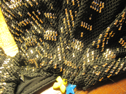 Detail of the right ceenter of Assiut Bra.  You can really see how many little darts I pinned into place to get those radiating lines.